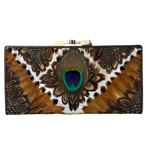 Vintage Lee Sands Peacock Feather Clutch Wallet Genuine Peacock Feather
